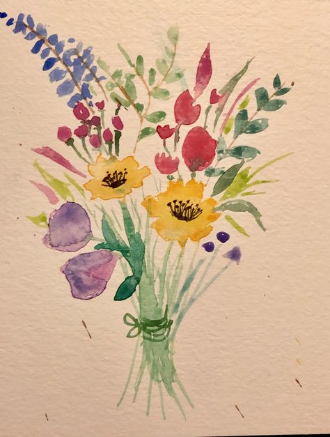 Painted Flower Bouquets, Flower Bouquet Painting Easy, Watercolor Flower Bouquet Simple, Bunch Of Flowers Painting, Vase With Wildflowers, Bouquet Of Flowers Watercolor, Bunch Of Flowers Drawing, Flower Vase Painting Watercolor, Watercolor Bunch Of Flowers