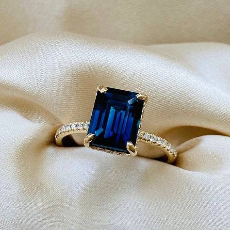 Saphire Engament Ring Emerald Cut, Blue Emerald Engagement Ring, Emerald Cut Sapphire Engagement Ring, Sapphire Emerald Cut Engagement Ring, Sapphire Engagement Ring Emerald Cut, Emerald Cut Hidden Halo, Gold Sapphire Engagement Ring, Emerald Cut Sapphire Ring, Peacock Sapphire