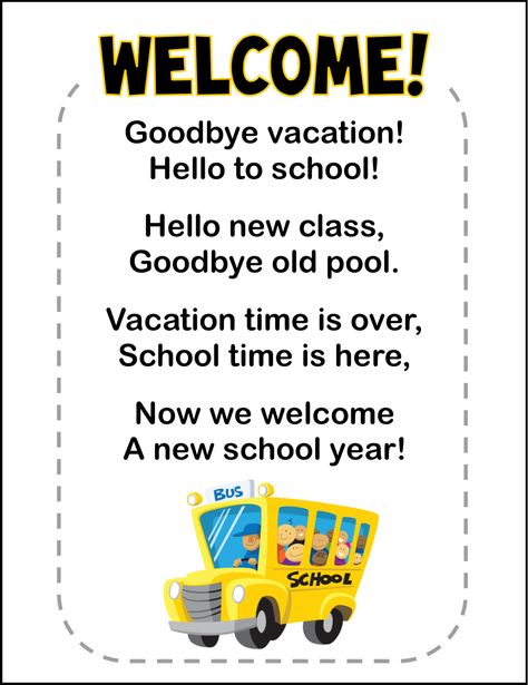 Back to School Freebie:  Poem Printable and Poem Cloze Activity Back To School Poem Preschool, Welcome Back To School Quotes, Welcome Poems, Back To School Poem, School Poem, Kindergarten Poems, Poems About School, Class Quotes, Kids Rhymes