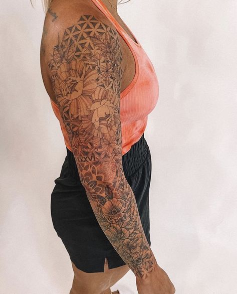 Fill In Arm Sleeve Tattoo, Womens Quarter Sleeve Tattoo Upper Arm, Mandala Sleeve Filler, Women’s Half Sleeve Tattoo Ideas Upper Arm, Upper Inner Arm Tattoos For Women, Tattoo Filler Ideas For Women, Sleeve Filler Ideas Women, Women Sleeve Tattoo, Unique Sleeve Tattoos