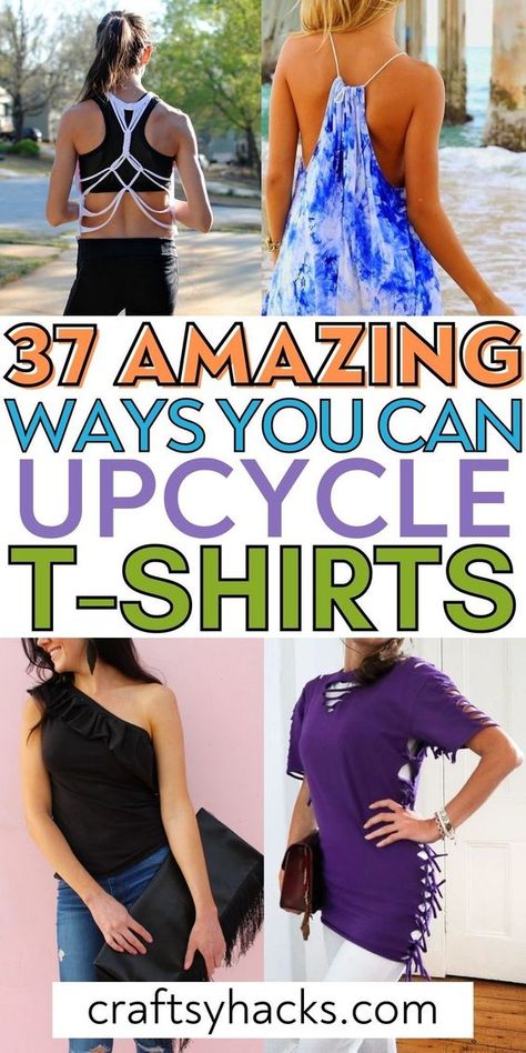 If you are looking to create more sustainable clothes for your wardrobe you need to see these amazing DIY t-shirt ideas. You can easily have lots of fun creating any of these stylish t-shirt DIY projects. Upcycle Large Tshirts, Tshirt To Dress Diy No Sew, How To Alter Tee Shirts, Upcycling Old T Shirts, T Shirt Restyle, Redo Tshirts Ideas, How To Shorten A Tshirt No Sew, T Shirt Repurpose, Upcycled Tshirts Diy