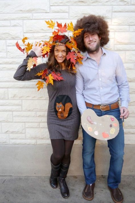 Bob Ross and The Happy Little Tree Easy Homemade Costumes, Unique Couples Costumes, Meme Costume, Halloween Costumes Diy Couples, Cute Couples Costumes, Pregnant Halloween Costumes, Diy Couples Costumes, Best Couples Costumes, Duo Costumes