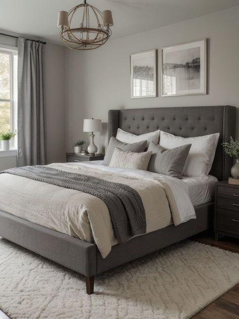 White And Grey Master Bedrooms Decor, Grey Bed Cream Walls, Grey Bed Design Ideas, Room With Grey Bed Frame, Grey Bedroom Set Ideas, Gray And White Guest Bedroom, Beds With Grey Headboard, Bedroom Idea Grey Bed, Bedroom Inspirations Dark Grey Bed