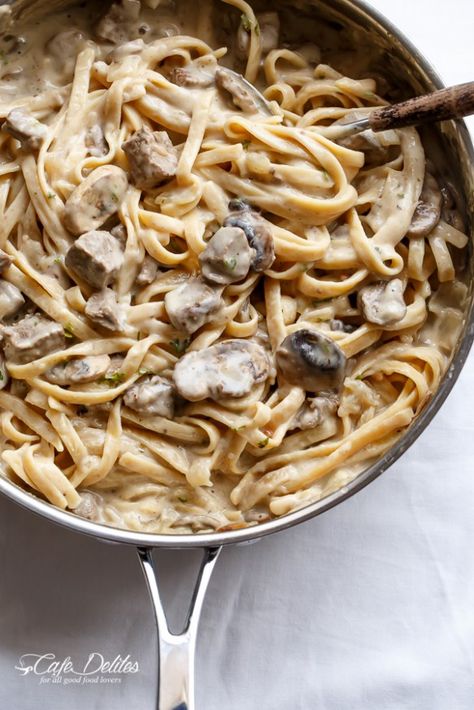 Creamy Beef and Mushroom Stroganoff | http://cafedelites.com Beef And Mushroom Stroganoff, Savory Fall Recipes, Beef Mushroom Stroganoff, Mushroom Stroganoff, Beef Fillet, Cafe Delites, Beef Strips, Roast Beef Recipes, Dinner Entrees