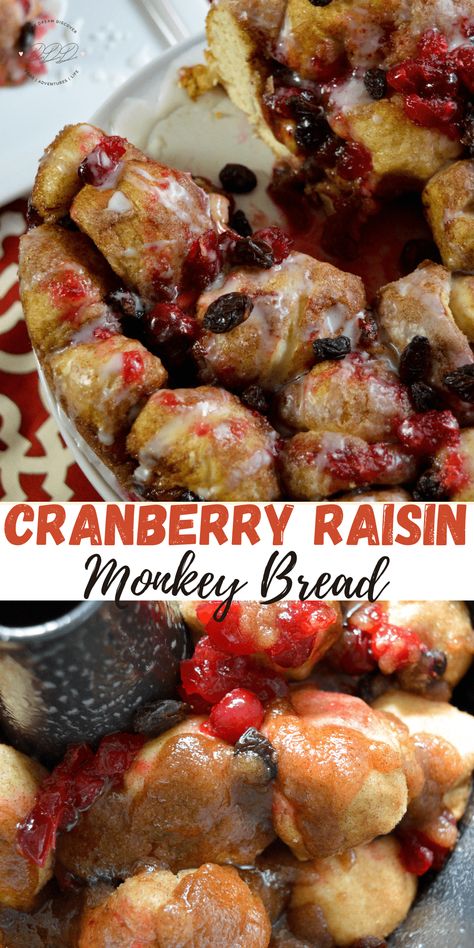 Cranberry Raisin Monkey Bread Recipe | DINE DREAM DISCOVER Cranberry Monkey Bread Recipe, Cinnamon Roll Monkey Bread, Monkey Bread Recipe, Cranberry Cinnamon, Breakfast Pastry, Bread Dough Recipe, Crocheted Afghans, Desserts Cookies, Bread Starter