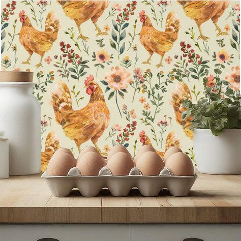 Farm Country Hen Floral Wallpaper Chicken Bedroom Ideas, Modern Country Wallpaper, Western Wallpaper Bathroom, Farm Cottage Decor, Farm Wallpaper Aesthetic, Farmhouse Wallpaper Accent Wall, Wallpaper For Kitchen The Wall, Kitchen Nook Wallpaper, English Countryside Kitchen