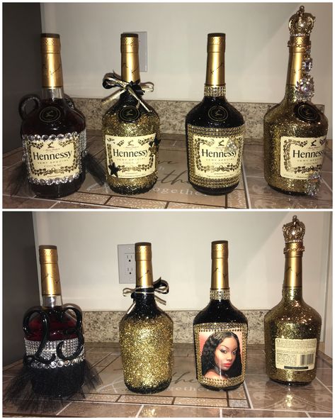 Custom Hennessy bottle collection Custom Hennessy Bottle, Decorated Hennessy Bottle, Hennessy Party, Glitter Bottle Diy, Diy Alcohol Gifts, Glam Bottles, Diy Jewelry Mirror, Bae Birthday, Blinged Bottles