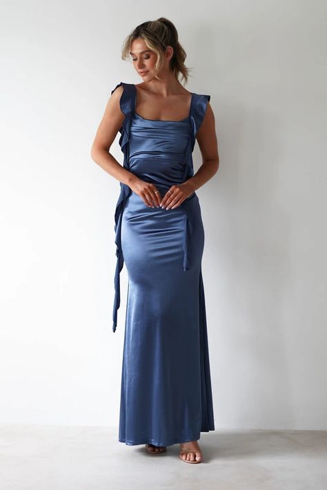 Slate Blue Satin Dress, Navy Blue Long Dresses, Square Neck Satin Dress, Spring Dresses For Wedding Guest, Blue Wedding Guest Dress, Blue Gray Dress, Slate Blue Bridesmaid Dresses, Blue Printed Dress, Light Blue Gown