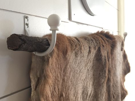 Inexpensive way to hang a deer hide! Get two curtain tie back hooks, and one tree branch. Screw them evenly on the wall. Place the branch across. Drape the hide over carefully and enjoy! Elk Hide Decor, Animal Hide Decor, Bear Skin Rug, Tie Back Hooks, Curtain Tie Back Hooks, Deer Mounts, Hunting Decor, Deer Hide, Skin Rugs