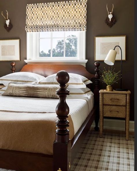 Heather Chadduck Textiles on Instagram: "Fall vibes from this handsome bedroom with our #HARLEY in Saddle for the window shades. Design by @sarahbartholomewdesign , beautiful bed by @reidclassics ! #heatherchadducktextiles" Heather Chadduck, Cannonball Bed, Sarah Bartholomew, Southern Living Idea House, Wood Bed Design, Southern Living Homes, Pretty Bedroom, Dark And Light, The Guest