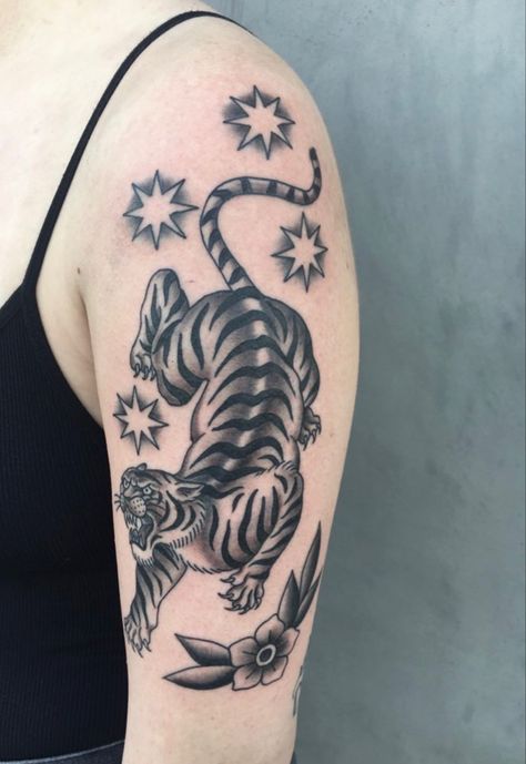 Traditional Tiger Tattoo Black And Grey, American Traditional Tiger Tattoo Black, Stomach Tiger Tattoo, American Traditional Tiger Tattoo, Tiger Tattoo Traditional, Fierce Animal Tattoos, American Traditional Tiger, Animal Tattoo Designs, Traditional Tiger Tattoo