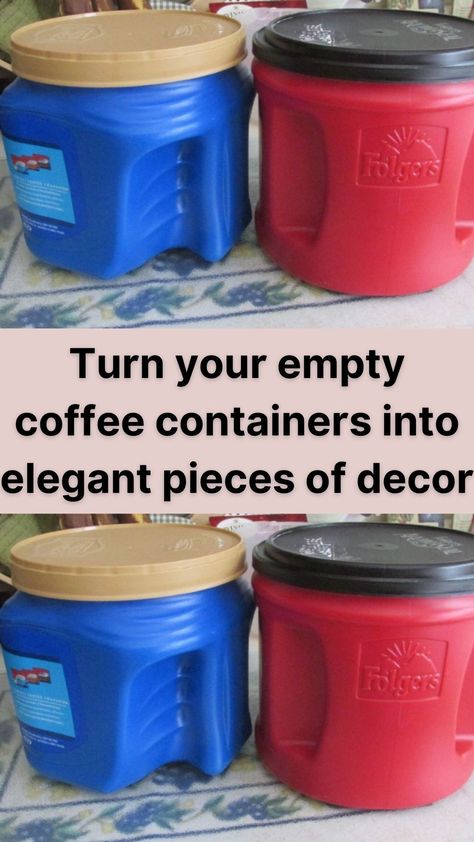 These are great projects to add little personal touches around your home!  Empty coffee canisters, often discarded without a second thought, can be repurposed into a myriad of practical and stylish household items.  This not only helps reduce waste but also adds a unique and personal touch to various corners of your home.  By giving these canisters a new lease on life, you can create solutions that are both functional and aesthetically pleasing. Repurpose Plastic Coffee Containers, Plastic Coffee Can Diy Projects, Coffee Can Upcycle, Crafts Using Coffee Cans, Coffee Can Storage, Coffee Can Diy Projects Christmas, Upcycling Plastic Containers, Coffee Can Christmas Decorations, Coffee Bean Decor Centerpieces