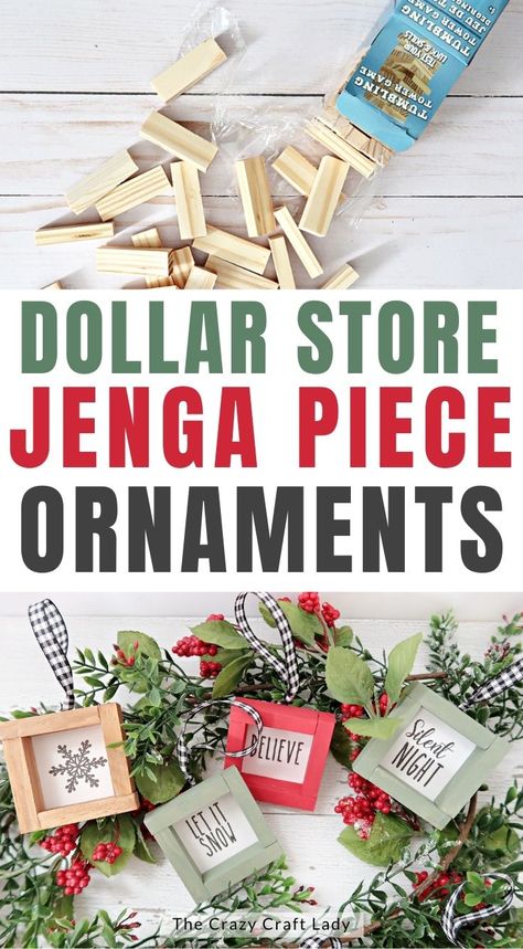 Use Dollar Tree Tumbling Tower Game pieces to make farmhouse style mini frame Christmas ornaments Jenga Christmas Ornaments, Diy Jenga, Dollar Store Christmas Crafts, Mini Frame, Frame Christmas, Dollar Store Christmas, Dollar Tree Christmas, 12 December, Holiday Crafts Christmas