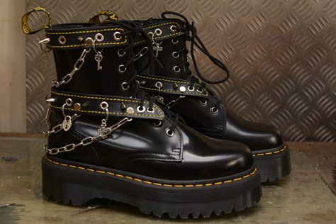 Dr Martens Modifications — Downes Doc Martens Decorated, Decorated Doc Martens, Custom Doc Martens, White Dr Martens Outfit, Leather Artist, Doc Marten, Glitter Boots, Broken Zipper, Dr Martens Boots