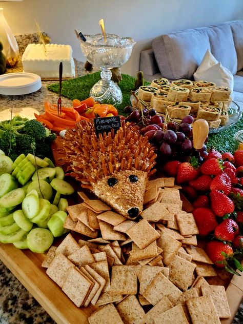 Woodland Animal Veggie Tray, Porcupine Cheeseball Woodland Party, Adventure Theme Food Ideas, Enchanted Forrest Baby Shower Ideas, Woodland Theme Veggie Tray, Woodsy Appetizers, Hedgehog Cheese Ball Woodland Party, Woodland Veggie Tray Ideas, Adventure Awaits Food Ideas