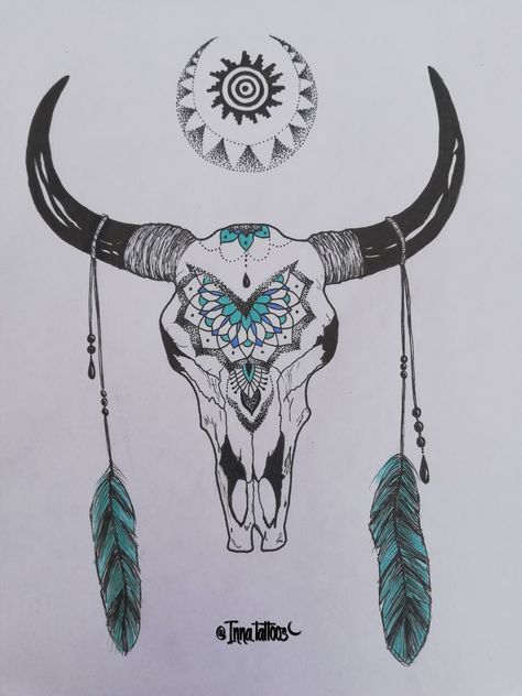 Native Bull Skull Tattoo, Bull Skull Throat Tattoo, Boho Bull Skull Tattoo, Bull Skull Tattoo Above Knee, Akubra Tattoo, Long Horn Skull Drawing, Longhorn Skull Tattoo Women, Texas Drawings, Cow Skull Tattoo Flowers