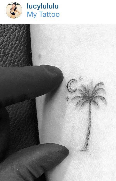 Palm Tree With Moon Tattoo, Palm Tree Hip Tattoos Women, Moon And Palm Tree Tattoo, Palmetto Moon Tattoo, Palm Tree Moon Tattoo, Palmetto Tree Tattoo, Myrtle Tattoo, Tiny Palm Tree Tattoo, Simple Palm Tree Tattoo