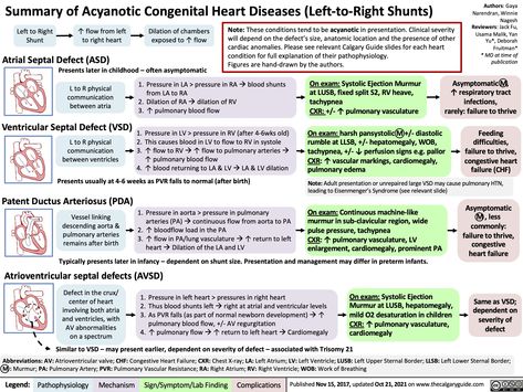 Summary of Acyanotic Congenital Heart Diseases (Left-to-Right Shunts) Authors: Gaya Narendran, Winnie Nagesh Reviewers: Jack Fu, Usama Malik, Yan Yu*, Deborah Fruitman* * MD at time of publication Asymptomatic M, ↑ respiratory tract infections, rarely: failure to thrive Left to Right Shunt ↑ flow from left to right heart Dilation of chambers exposed to ↑ flow Atrial Septal Defect (ASD) Presents later in childhood – often asymptomatic Note: These conditions tend to be acyanotic in presentatio Atrial Septal Defect Nursing, Acyanotic Heart Defects, Congenital Heart Defect Nursing, Cardiac Pathology, Pediatric Cardiology, Medications Nursing, Cardiac Sonography, Atrial Septal Defect, Failure To Thrive