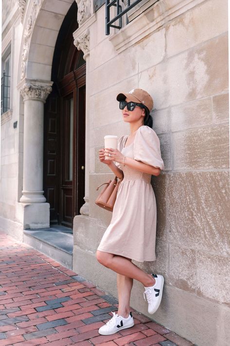 casual neutral summer dress // dress and sneakers outfit Ball Cap Outfits, Neutral Summer Dresses, Ball Cap Outfit, Neutral Summer Outfits, Dress And Sneakers, Dress And Sneakers Outfit, Cap Outfit, Summer Activity, Fashion Petite