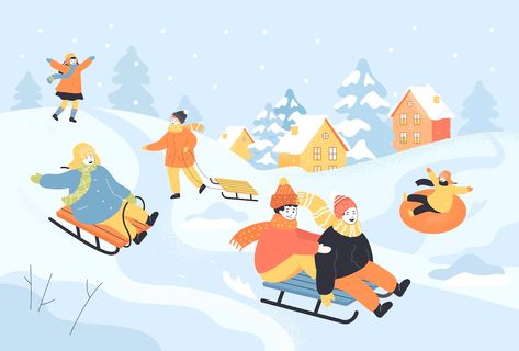 Free Vector | Happy cartoon kids sliding down hill on sleds. snow falling, children having fun while sledding down slide flat vector illustration. winter activities or holidays, childhood concept for banner Sledge Illustration, Sled Illustration, Winter Walk Illustration, Sledding Painting, Sledding Illustration, Animals Skiing Illustration, Snow Illustration, Snow Sled, Happy Cartoon