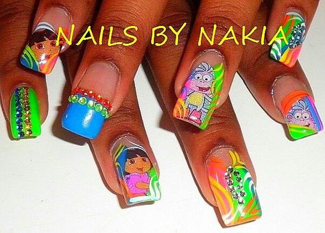 Dora and boots Dora The Explorer Nails, Cartoons Rangoli Design, Dora And Boots, Cartoons Rangoli, Dora The Explorer, Rangoli Design, Rangoli Designs, Acrylic Nails, Nail Designs