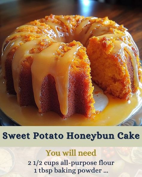 Sweet Potato Bundt Cake Recipe, Honeybun Cake, Spiced Cake, Sweet Potato Cake, Brown Sugar Glaze, Sugar Glaze, Vegetarian Cake, Warm Cake, Bundt Cakes Recipes