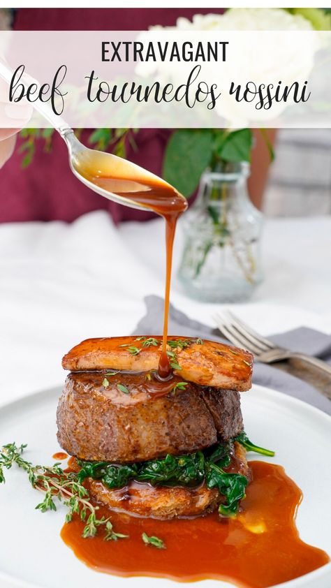 Beef tournedos rossini recipe with a sauce drizzle. Elegant Beef Recipes, Fillet Beef Recipes, Gourmet Steak Recipes, Fancy Beef Recipes, Beef Tournedos Recipes, Gourmet Beef Recipes, Fillet Mignon Recipes, Fillet Steak Recipes, Beef Fillet Recipes