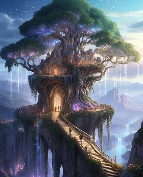 Feywild Castle, Fantasy World Aesthetic, Mystical House, Dreamlike Art, Elven Magic, Mystical Castle, Magic Places Fantasy Dreams, Elf City, Elven City