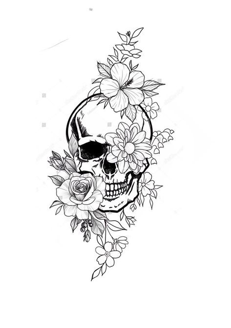 Dark Girly Tattoo Ideas, Skeleton With Roses Tattoo, Leg Skull Tattoos Women, Skull Tattoo Leg Woman, Back Skull Tattoo Women, Simple Skull And Flower Tattoo, Front Of Upper Arm Tattoo, Arm Tattoos For Women Skull, Skull Thigh Tattoos For Women