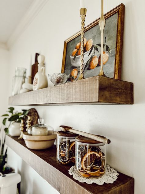 Breakfast Nook Floating Shelves, Dining Room Wall Decor Shelves, Extra Long Shelf Living Room, Dining Shelf Ideas, Floating Shelves Over Console Table, Small Dining Room Floating Shelves, Floating Shelves In Dining Area, Floating Shelves With Plants Dining Room, Staggered Floating Shelves Dining Room