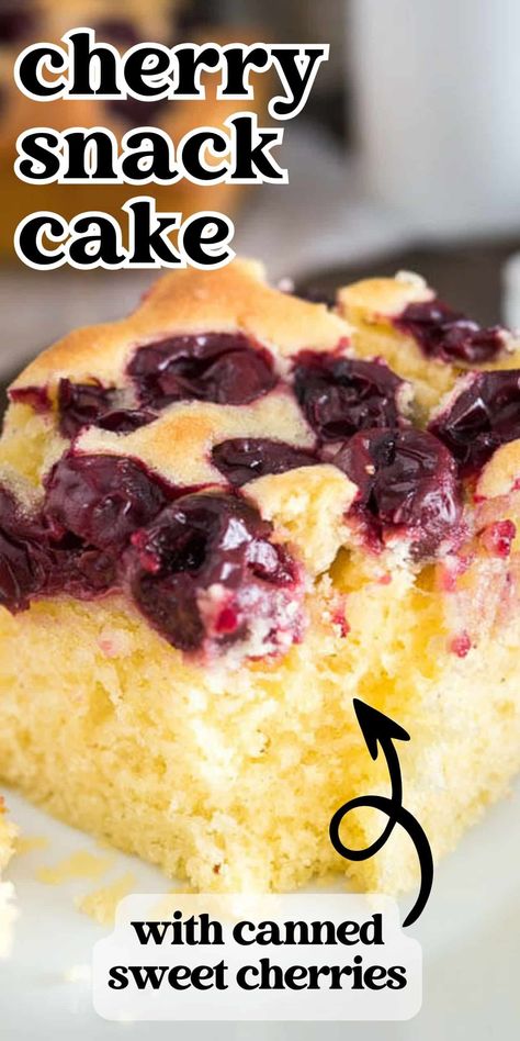 A cherry snack cake with canned cherries! Fluffy and tender vanilla cake topped with sweet cherries makes a from scratch dessert prepped in less than 10 minutes. Sour Cherries Recipes, Desserts With Cherries, Cherry Sweets, Cherries Recipes, Cherry Snacks, Sour Cherry Recipes, Cake With Fruit, Canned Cherries, Cherry Desserts