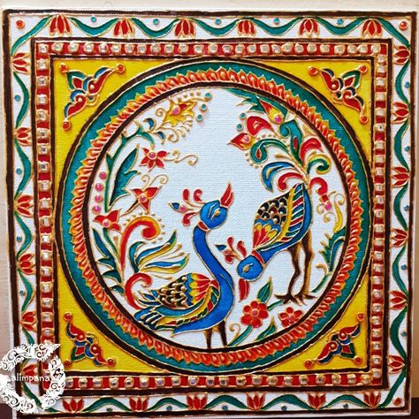 Madhubani Glass Painting, Minakari Painting, Meenakari Art, Meenakari Painting, Indian Traditional Art, Coffee Art Painting, Metal Art Techniques, Handmade Rakhi Designs, Embroidered Canvas Art