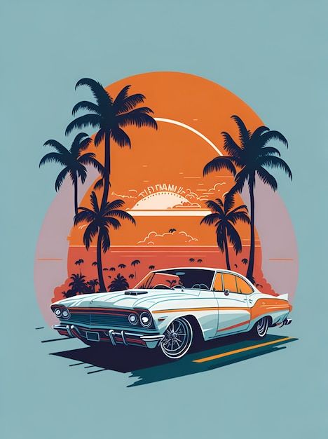 Vector a vintage car with a sunset in th... | Premium Vector #Freepik #vector #california #classic-car #retro-car #car-illustration California Background, Retro Car Illustration, Jack Pop, Vintage Car Illustration, Nike Drawing, California Illustration, Retro Clipart, Procreate Ideas, Vector Illustration Character