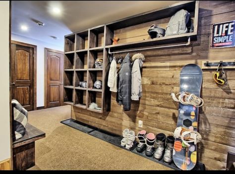 Sports Mudroom Ideas, Ski Storage Ideas Mud Rooms, Ski Mudroom, Ski Mud Room, Outdoor Gear Storage, Ski Locker, Gear Room, Ski Room, Garage Design Interior