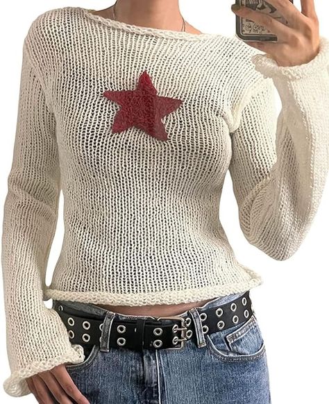 Women Vintage Long Sleeve Knit Crop Top Y2k Star Print Bodycon Sweater Fairy Grunge Crew Neck T Shirt Fall Jumper Top at Amazon Women’s Clothing store Vintage Diy Clothes, Oda Aesthetic, Crochet Ideas Clothes Winter, Fitted Knit Sweater, Grunge Sweaters, Knitted Cropped Sweater, Knitted T Shirt, Fall Long Sleeve Shirts, Heather Sweater