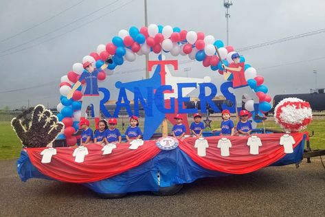 Rangers baseball parade float Parade Trailer Decorating Ideas, Softball Floats Parade Ideas, Float Parade Ideas, Wrestling Parade Float Ideas, Cheer Floats Parade, Softball Christmas Parade Float Ideas, Baseball Christmas Float Ideas, Baseball Parade Truck Ideas, Football Parade Float Ideas Diy