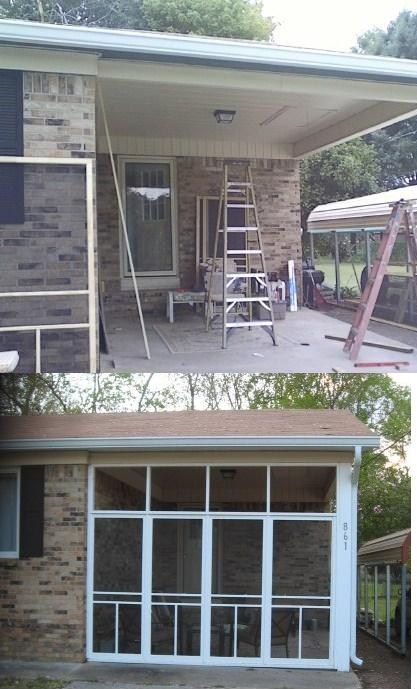 Pinner idea ------"I turned my one car carport in to a screen in room , using basic 20doller screen doors ..framed to door size then trimmed the doors in ..only one door opens on each wall.I love it no more flying bugs when I'm relaxing or dinning out side." How To Close In A Carport, Closing In Carport Ideas, Close In Carport Ideas, Carport To Patio Conversion, Closing In A Carport, Sleep Porch, Diy Screen Porch, Carport Makeover, Enclosed Carport