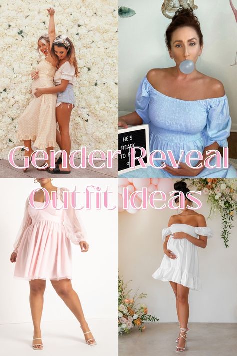 Dresses For Gender Reveal Party, Gender Reveal Looks For Mom, Maternity Gender Reveal Outfit, Gender Reveal Outfit Ideas For Mom, Gender Reveal Dress Ideas For Mom, Gender Reveal Clothes Ideas, Gender Reveal Outfit For Mom Winter, Gender Reveal Outfit For Guest Casual, Gender Reveal Outfits For Mom