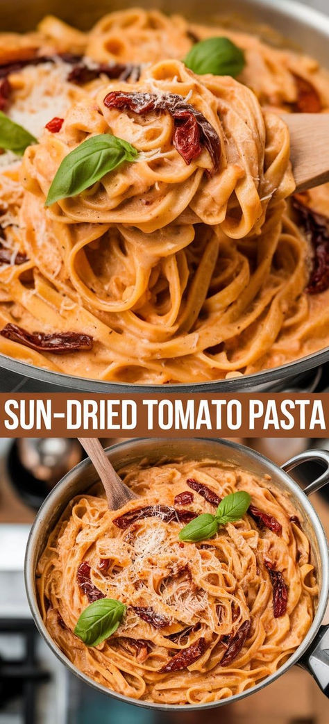 Sun-Dried Tomato Pasta that’s creamy, flavorful, and so easy to make!  Your new favorite pasta dish for busy weeknights Spaghetti Sun Dried Tomatoes, Sun Dried Tomato Basil Pasta, Creamy Spicy Sun Dried Tomato Pasta, Dishes With Sun Dried Tomatoes, Ground Beef Sun Dried Tomato Pasta, Pasta Sun Dried Tomato Recipes, How To Make Sun Dried Tomatoes, Pasta With Sun Dried Tomatoes Recipes, Sun Dried Tomato Pasta Sauce