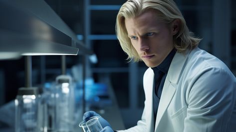 Scientist in his lab 😍 - Prompt in caption: a scientist in his thirties, shoulder length blond hair, white skin, working in a laboratory, --ar 16:9 🔥Visit link in bio to more free prompts and more creative pictures. (Daily updates) #AIArt #midjourney #PromptPal #aiartcommunity #promptart #sharethisprompt #digitalart #aiphotography #midjourneyartwork #midjourneygallery #midjourneypeople #midjourneygallery #aiartcommunity #aiart #analoguephotography #aimodel #aiphotography #scientist Blonde Scientist, Man With White Hair, Marvel Rpg, Georgian Dress, Mens Fashion Magazine, Post Human, Fashion Magazine Cover, Hair White, Creative Pictures