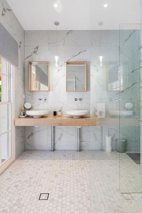 Get that Marble Look ✨ This lux reno by @myhomeexpertsptyltd features the beautiful Lux Calcatta on the walls and the Shape Carrara Gold Hexagon Mosaic for the floor 💞 #ichosebeaumonts #beaumonttiles #interiorinspiration #bathroom #relax Honeycomb Floor, Tile Styles, Marble Subway Tile, Simple Bathroom Renovation, Tile Splashback, Marble Subway Tiles, Penny Round Tiles, Beaumont Tiles, Round Tiles