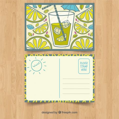 Hand drawn summer card template with lemonade Free Vector Post Card Design Illustration, Back Of Postcard Design, Cute Postcard Design, Post Card Design Aesthetic, Post Cards Ideas, Postcard Back Design, Postcard Illustration Design, Postal Card Design, Postcard Design Ideas Creative