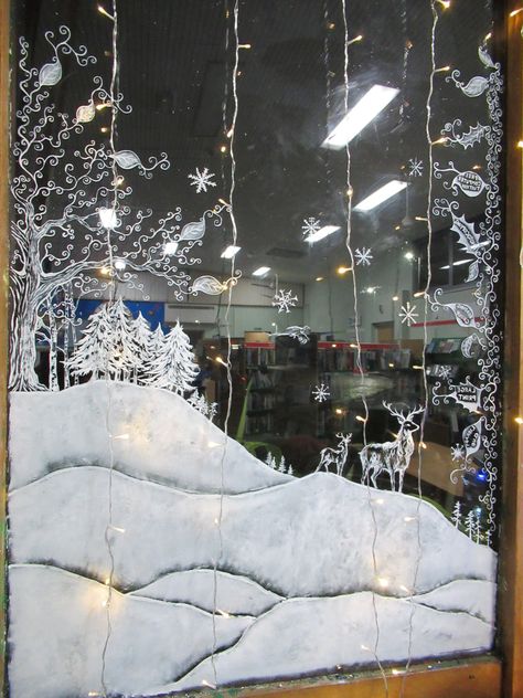 Snowy Window Display, January Window Display Ideas, Fake Snow Window Ideas Spray, Snow Window Display, Fake Snow Window Ideas, Christmas Mural, Winter Scenes Wonderland, Snow Window, Winter Window Display