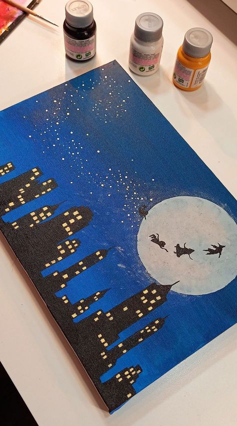 Cute Paintings On Canvas Disney, Disney Theme Painting, Peter Pan Canvas Painting, Easy Paintings Disney, Painting Ideas On Canvas Disney, Medium Canvas Painting Ideas, Disney Paintings Easy, Painting Ideas Disney, Peter Pan Painting