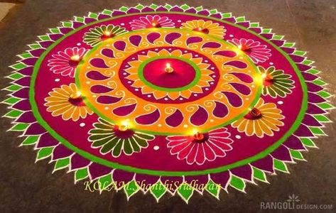 diwali kolam rangoli design shanthi sridharan Colour Full Rangoli Design, Colour Rangoli, Rangoli Designs For Competition, Rangoli Diwali, Rangoli Designs Simple Diwali, Alpona Design, India Trip, Latest Rangoli, Easy Rangoli Designs Diwali