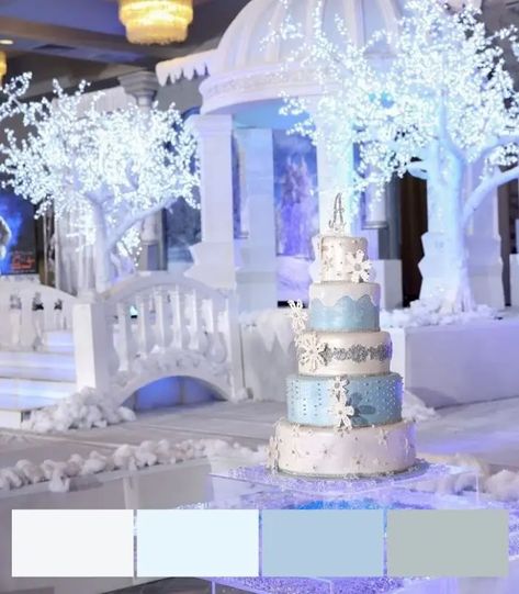 Best 3 Magical Winter Wedding Color Schemes and Theme Sweet 16 Winter Theme, Winter Wonderland Quince, Quinceanera Winter Wonderland, Winter Wonderland Quinceanera, Ice Blue Weddings, Winter Wonderland Sweet 16, Sweet 16 Winter Wonderland, Wonderland Wedding Decorations, Holiday Wedding Invitations