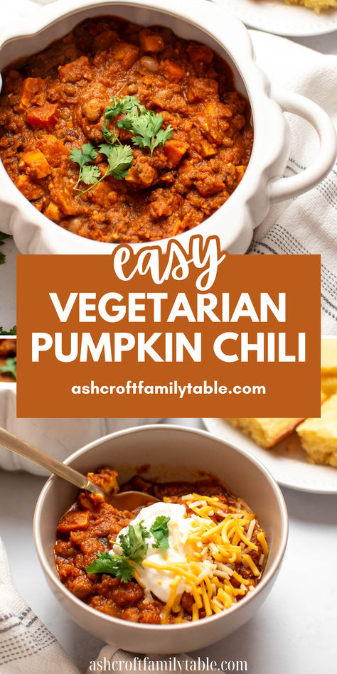 Pinterest graphic with photo collage of chili and text that reads "easy vegetarian pumpkin chili." White Bean Pumpkin Chili, Crockpot Healthy Soup, Chili Recipe Vegetarian, Easy Soup Recipes Quick, Vegetarian Pumpkin Chili, Soup Recipes Quick, Soup Recipes With Ground Beef, Quick And Easy Soup Recipes, Comforting Recipes