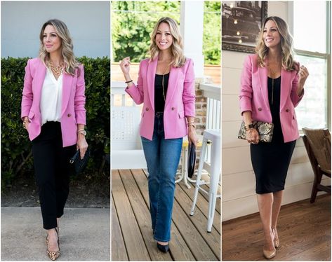 Hot Pink Blazer Outfit, Pink Blazers, Pink Blazer Outfit, Hot Pink Blazers, Trendy Spring Outfits, Chic Blazer, Work Chic, Blazer Outfit, Minimal Chic