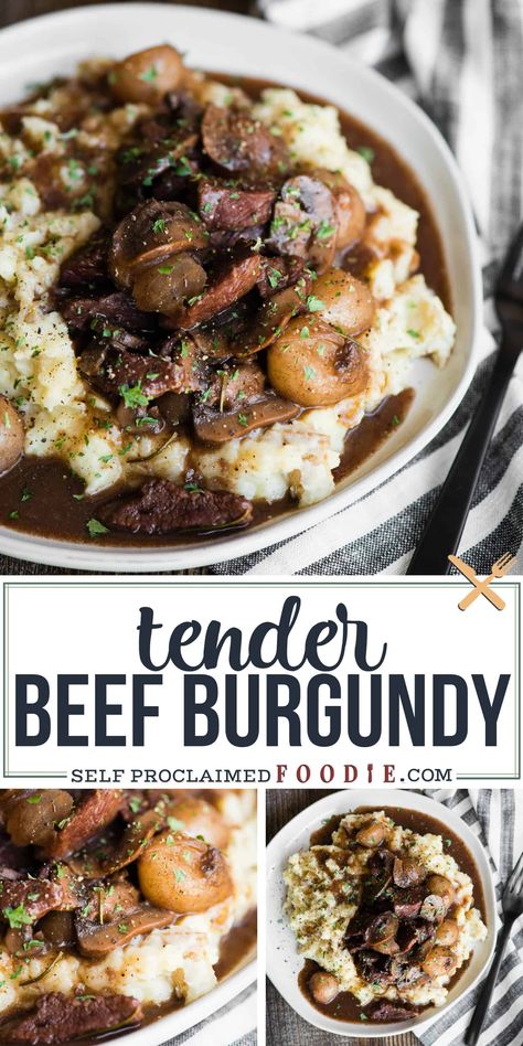 Beef Burgundy is an easy dinner recipe that can be made in the slow cooker, an Instant Pot, or on the stovetop. This red wine french stew is the best! Red Wine Stew, French Stew, Beef Burgundy Recipe, Beef Burgundy, Beef Tip Recipes, Pearl Onions, Easy Dinner Recipe, Tender Beef, Beef Recipes Easy