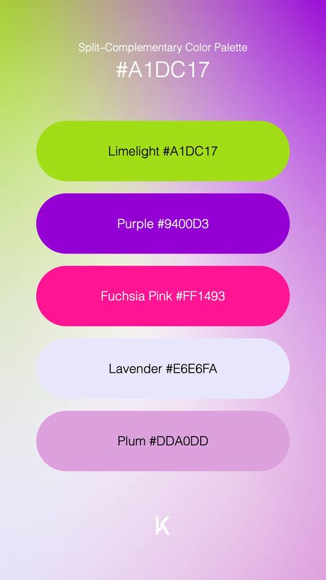 Split–Complementary Color Palette Limelight #A1DC17 · Purple #9400D3 · Fuchsia Pink #FF1493 · Lavender #E6E6FA · Plum #DDA0DD Purple Pink Green Color Palette, Bright Spring Purple, Split Complementary, Split Complementary Colors, Hex Color Palette, Bright Spring, Green Colour Palette, Hex Colors, Complementary Colors